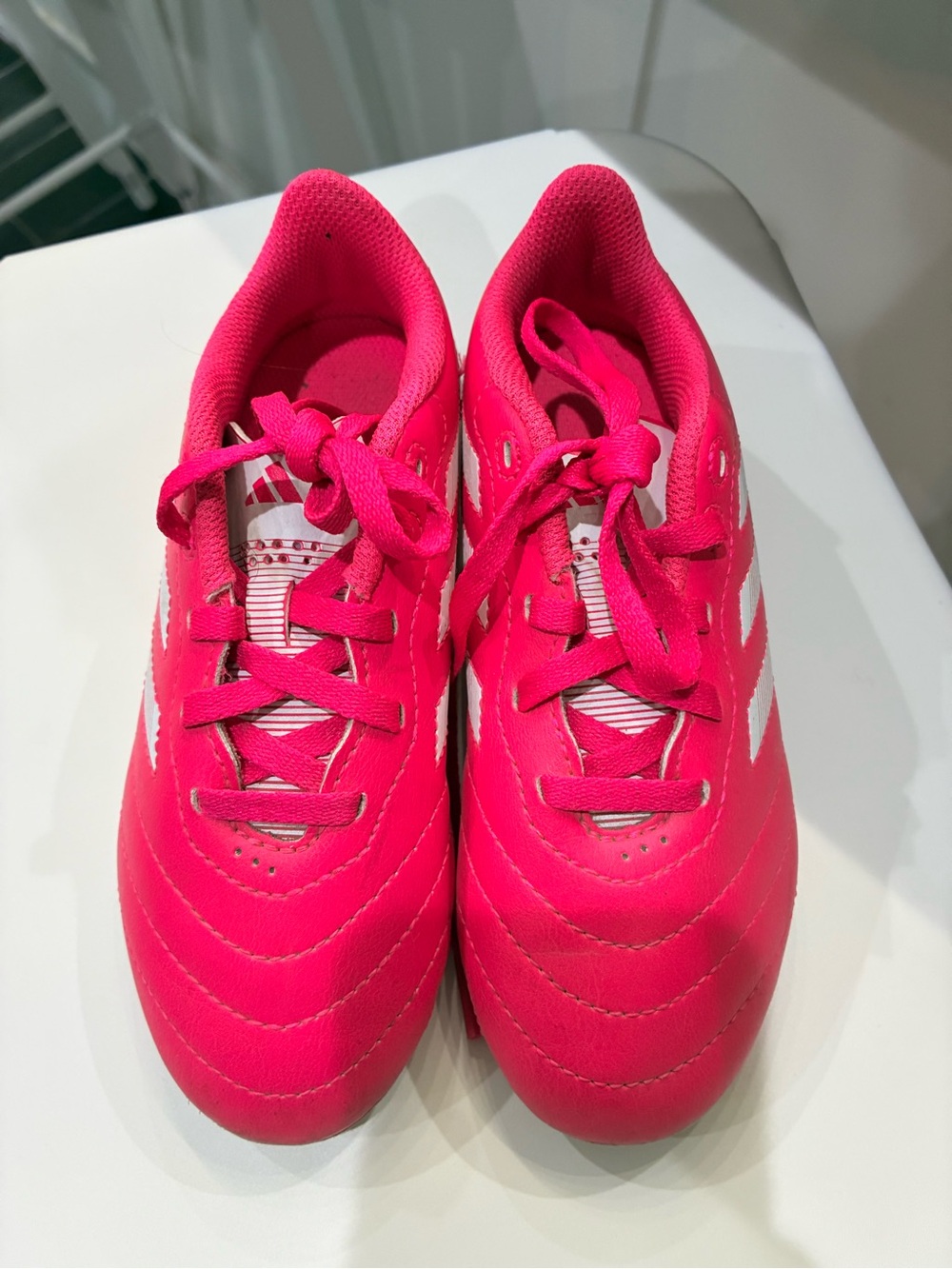 adidas Kids Hot Pink Soccer Cleats with White Three Stripes - Picture 2 of 3